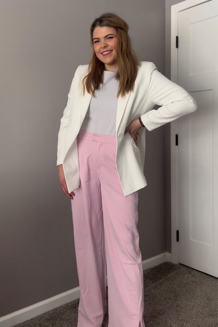 Work outfit inspiration 
Pink trousers size 12, white blazer from amazon XL
Bodysuit from amazon XL
HEELS amazon #midsize #competition 

#LTKFind #LTKworkwear #LTKcurves