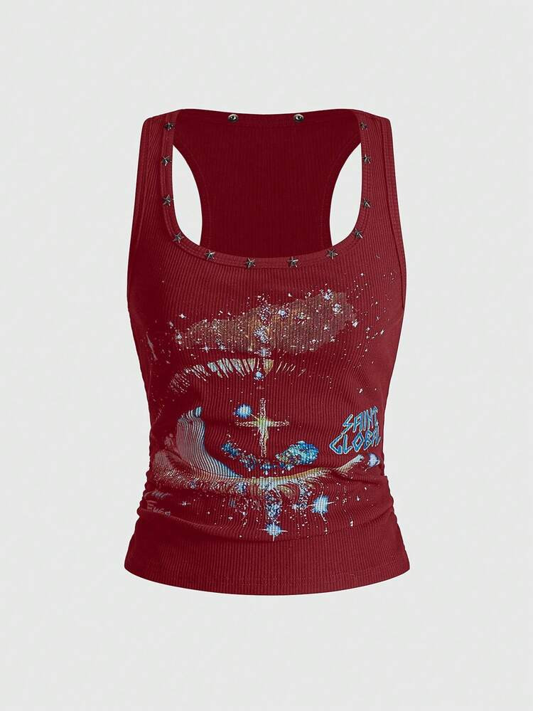 ROMWE Avant Spring/Summer Women's Retro Baddie Unisex Streetwear Starry Sky & Rivet Print Tank To... | SHEIN