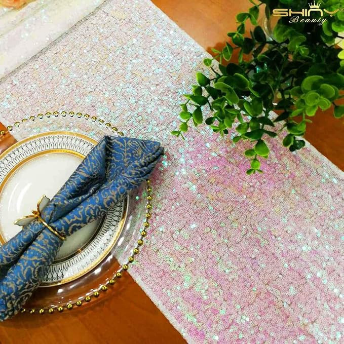 ShinyBeauty Sequin Table Runner Pack of 1 12x108 Inch Iridescent White, Banquet Event & Party Dec... | Amazon (US)