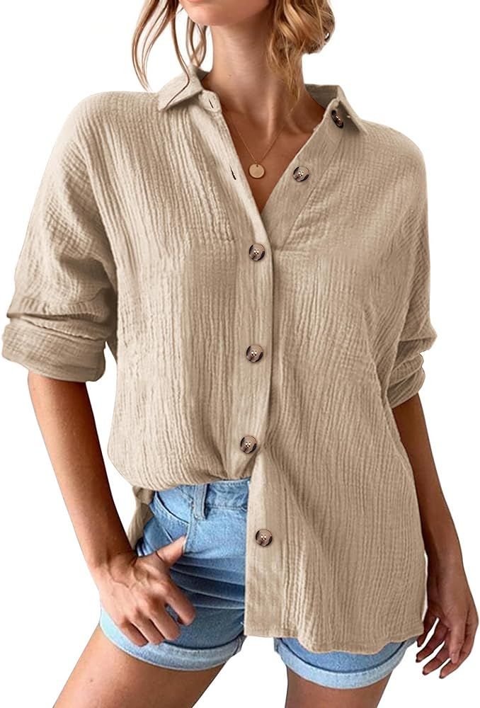 Dseipo Button Down Shirts for Women Oversized Long Sleeve Button Up Shirt Crepe Texture Off The S... | Amazon (US)