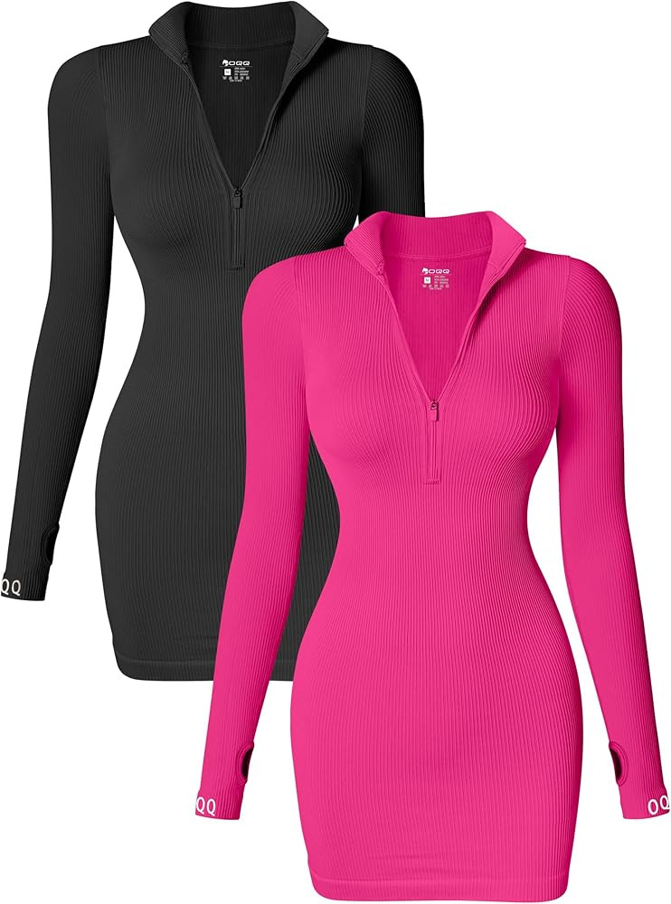 OQQ Women's 2 Piece Dresses Sexy Ribbed Zip Front Long Sleeve Tops Mini Dress | Amazon (US)