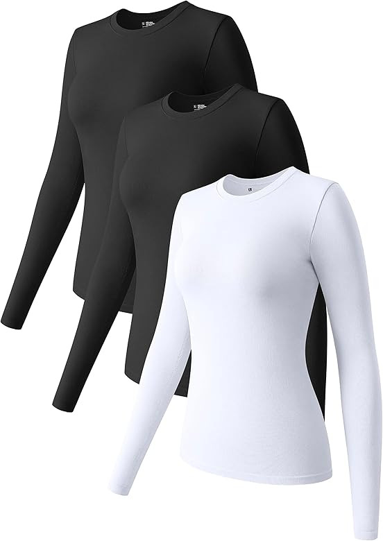 OQQ Womens 3 Piece Long Sleeve Tops Crew Neck Stretch Fitted Underscrubs Layer Tee Shirts Tops | Amazon (US)