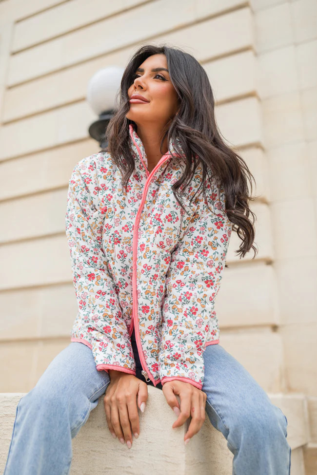 Field Of Florals Ivory and Pink Multi Quilted Floral Jacket | Pink Lily