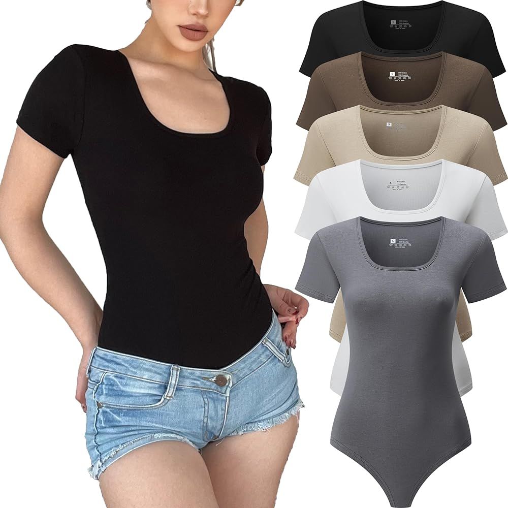 Chongbaijia 5 Pack Short Sleeve Bodysuits for Women Square Neck Casual Stretchy Basic Body Suits ... | Amazon (US)