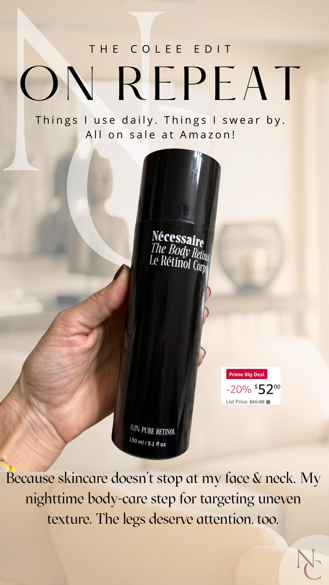 Because my skincare routine does NOT stop at my face. This is my nighttime body-care step for smoother-looking skin and uneven texture—especially on my legs. Nécessaire is one of my repeat-buy brands, and this is 20% off today. 

 #LTKdayinmylife #LTKSaleAlert #LTKBeauty