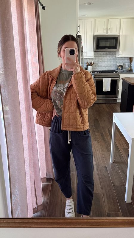 wearing a small in puffer jacket, lightweight but still warm & easy to layer with! 
Wearing a small in pants, some of my favorite, so comfy and love the fit 

Casual spring outfit
Spring jacket 
Postpartum 

#LTKSeasonal