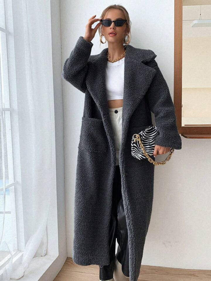 SHEIN Essnce Lapel Neck Dual Pocket Teddy Coat | SHEIN