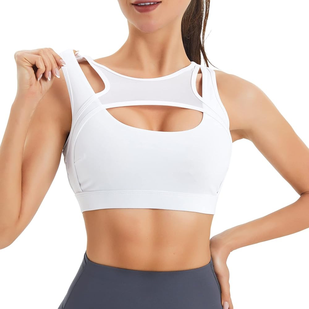 Womens Sports Bras, High Support White Sports Bras for Women Padded Push Up Workout Gym Bra with ... | Amazon (US)