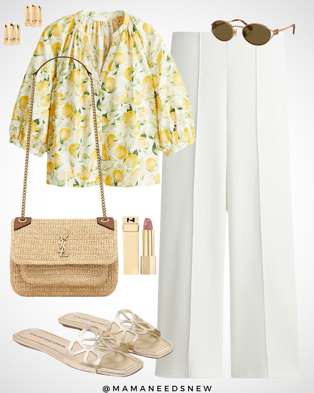 A summer /vacation outfit with a lemon print blouse, white wide leg pants, gold slide sandals, raffia shoulder bag 🍋🤍

#LTKSaleAlert #LTKStyleTip #LTKItBag