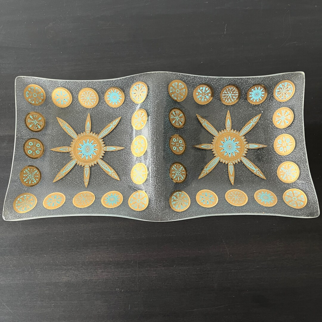 Mid Century Gold Starburst Divided Bent Glass Tray // MCM // Pebble Texture  // Gold Turquoise St... | Etsy (US)