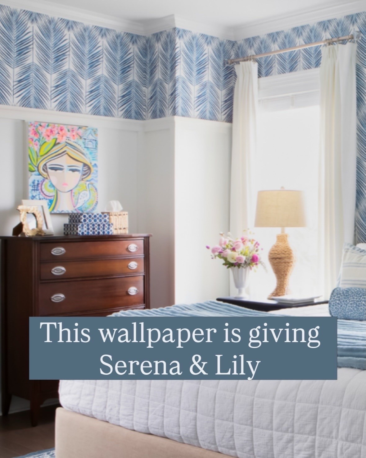 This primary bedroom is giving all of the Serena and Lilly vibes, but with none of the price tags. ￼ Blue palm, wallpaper, white bedding, original artwork woven lamps.

#LTKHome