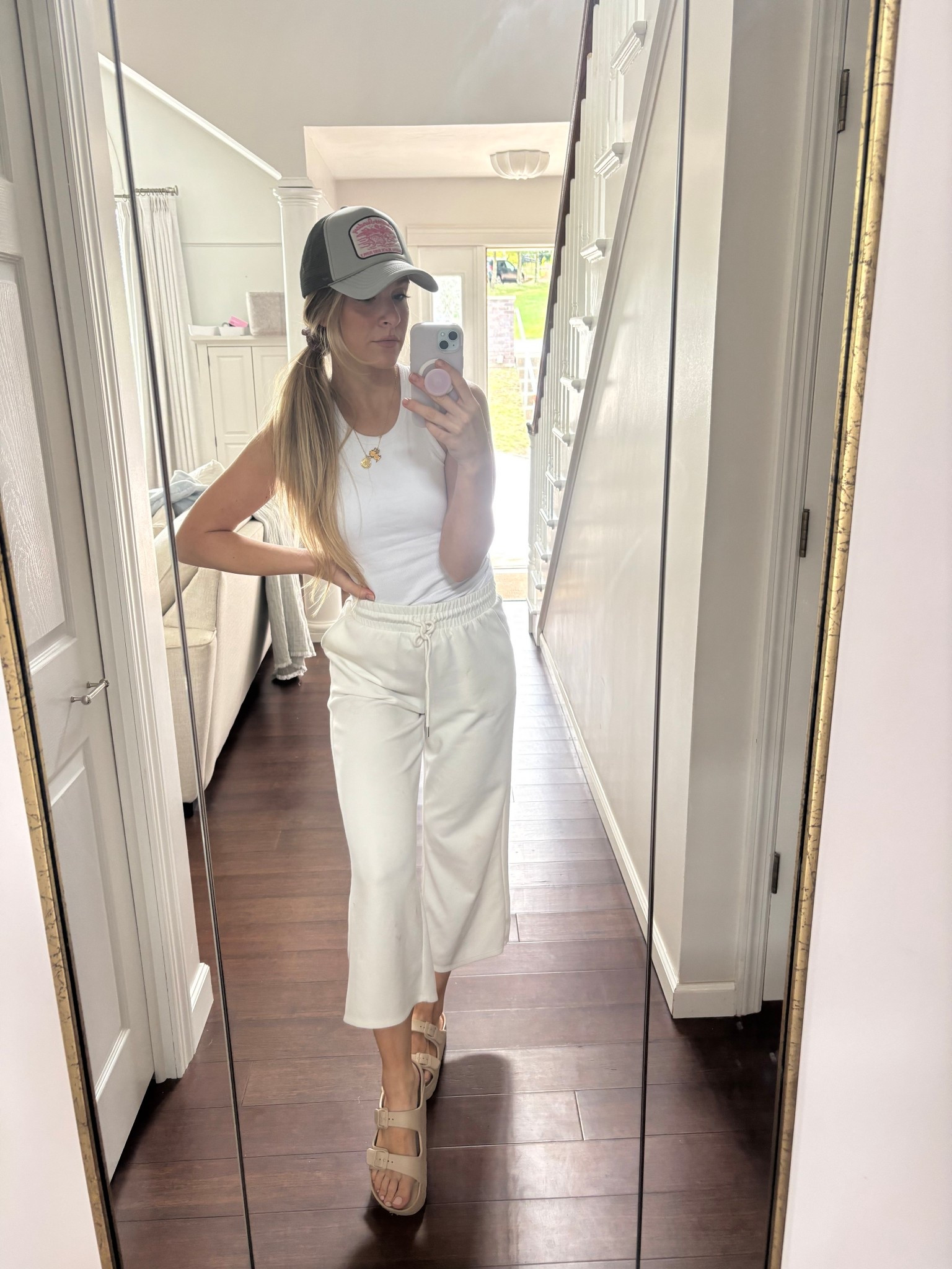 End of summer athleisure outfit. Loving wide cropped pants lately, and hat is clearance! 