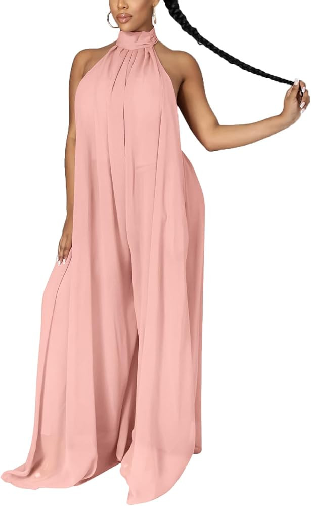 Ekaliy Women’s Sexy Summer Jumpsuit Halter Neck Sleeveless Chiffon Wide Leg Long Pant Jumpsuit ... | Amazon (US)