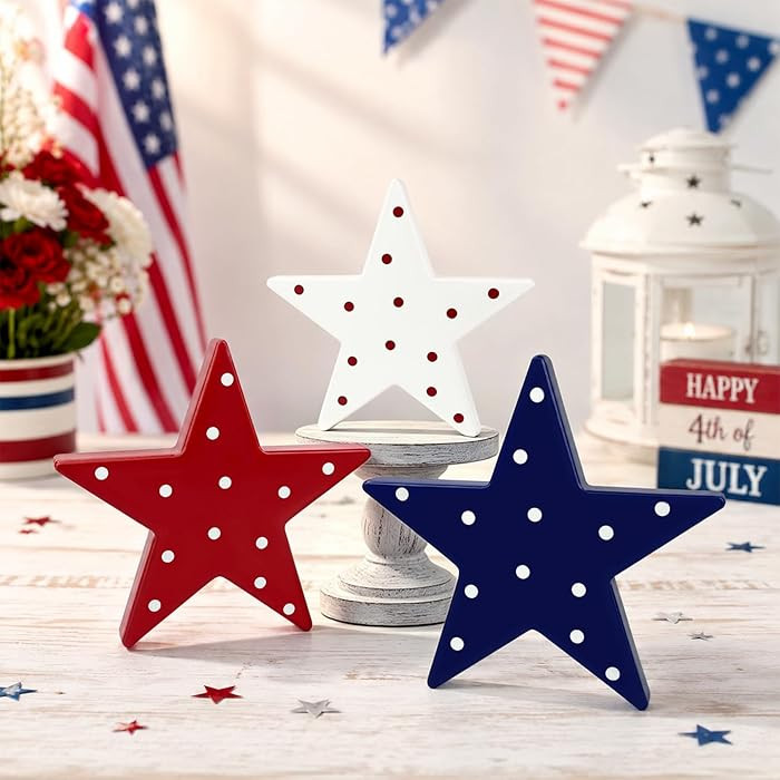 4th of July Table Decorations 3 PCS, Patriotic Red White Blue Americana Wooden Star Centerpiece D... | Amazon (US)
