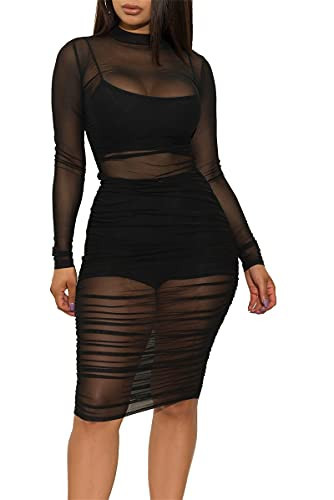 Atyfuniby Women's Sexy 3 Piece Outfits Three Pc See Through Sheer Mesh Ruched Midi Dresses Cover Ups + Spaghetti Strap Crop Tank Tops + Skinny Shorts Sets Clubwear Black X-Large | Amazon (US)