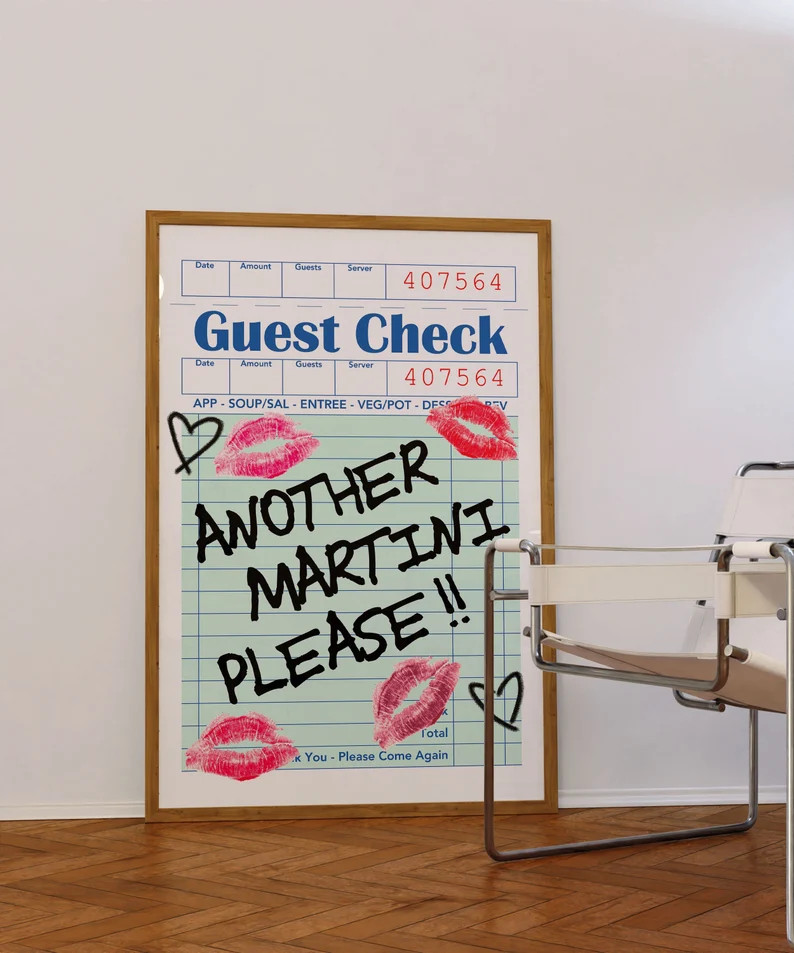 Another Martini Please Kisses Guest Check Wall Print, Preppy Poster Print, Retro Wall Decor, Larg... | Etsy (US)