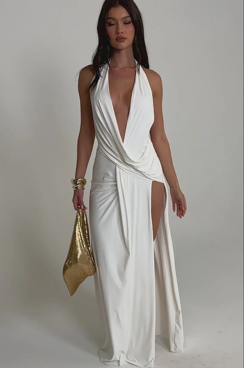 HEAD TURNING HALTER MAXI DRESS IN WHITE | AKIRA