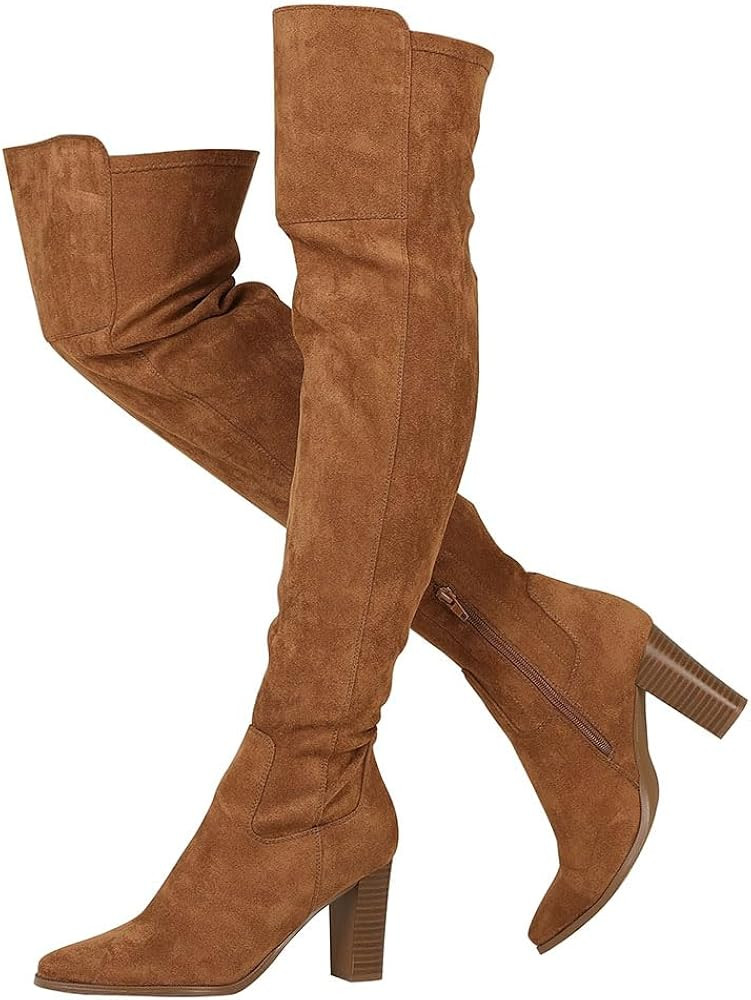 EQAUDES Suede Boots Women's Thigh High Boots Chunky Heel Boots Over Knee Boots Pointed Toe Side Z... | Amazon (US)
