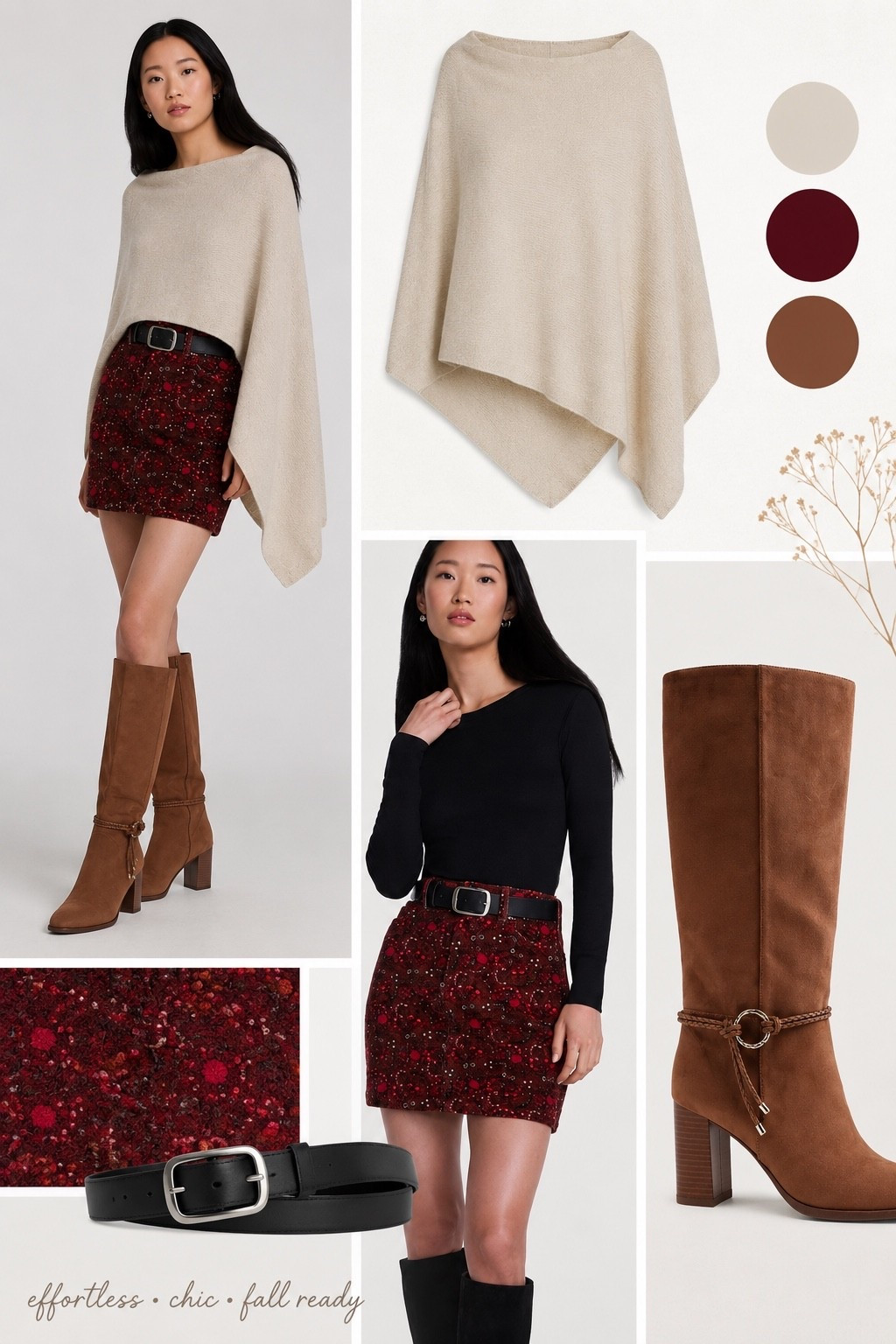 This color combo has FALL written all over it 🤎🍷 The burgundy mini, cozy neutral cape + boots together are giving that effortless, put-together look without trying too hard. Such a cute way to transition into cooler weather. 🍂

#LTKootd