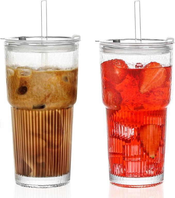2 Pack 20 Oz Glass Cups with Lids and Straws Glass Iced Coffee Cups with Lids Vintage Ribbed Glas... | Amazon (US)