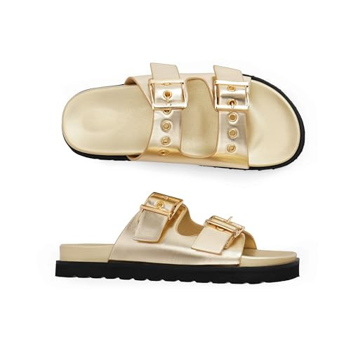 Easyfox Gold Flat Sandals for Women Gold Slide Sandals Double Buckle Adjustable Sandals Open Toe Slip On Platform Sandals Size 7 | Amazon (US)