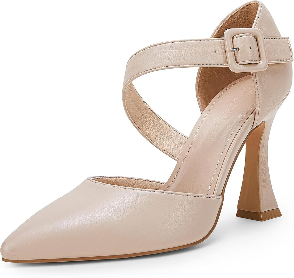 Coutgo Women's One Cross Strap Pumps Pointed Toe Stiletto High Heels Buckle Strap Dress Party Wed... | Amazon (US)