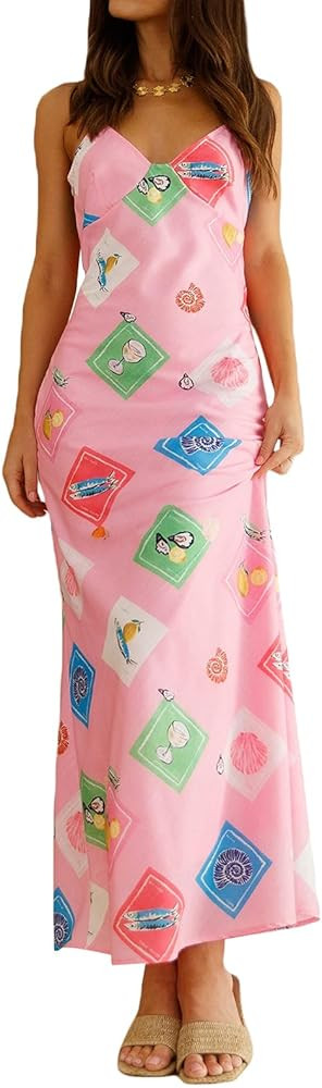 Women V Neck Spaghetti Strap Slip Dress Backless Fruit Print Swing Summer Maxi Dress for Party | Amazon (US)