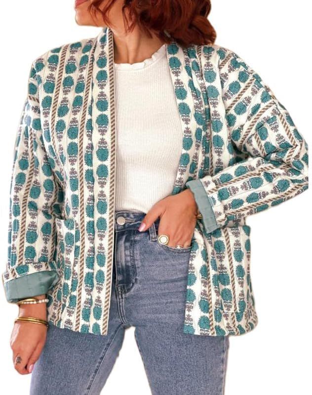 NUFIWI Women Floral Print Cropped Quilted Jacket Cardigan Vintage Open Front Padded Puffler Coat ... | Amazon (US)