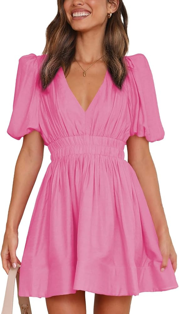 Women 2025 Summer Mini Dress Puff Short Sleeve Sexy V Neck A Line Elastic High Waist Flowy Swing ... | Amazon (US)