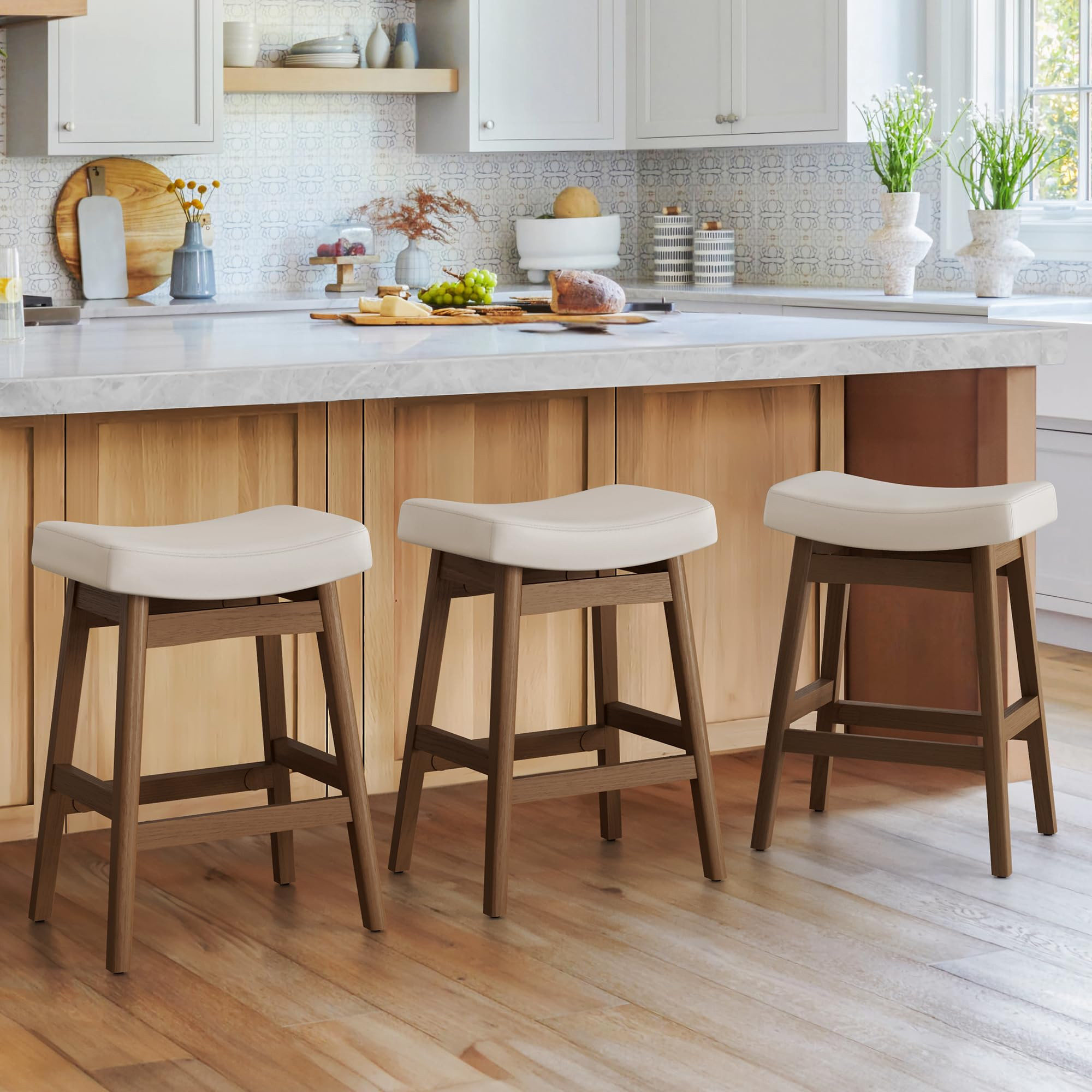 Bar Stools Set of 3, Barstools with Sturdy Wood Legs, Saddle Seat Counter Height Bar Stools for K... | Amazon (US)