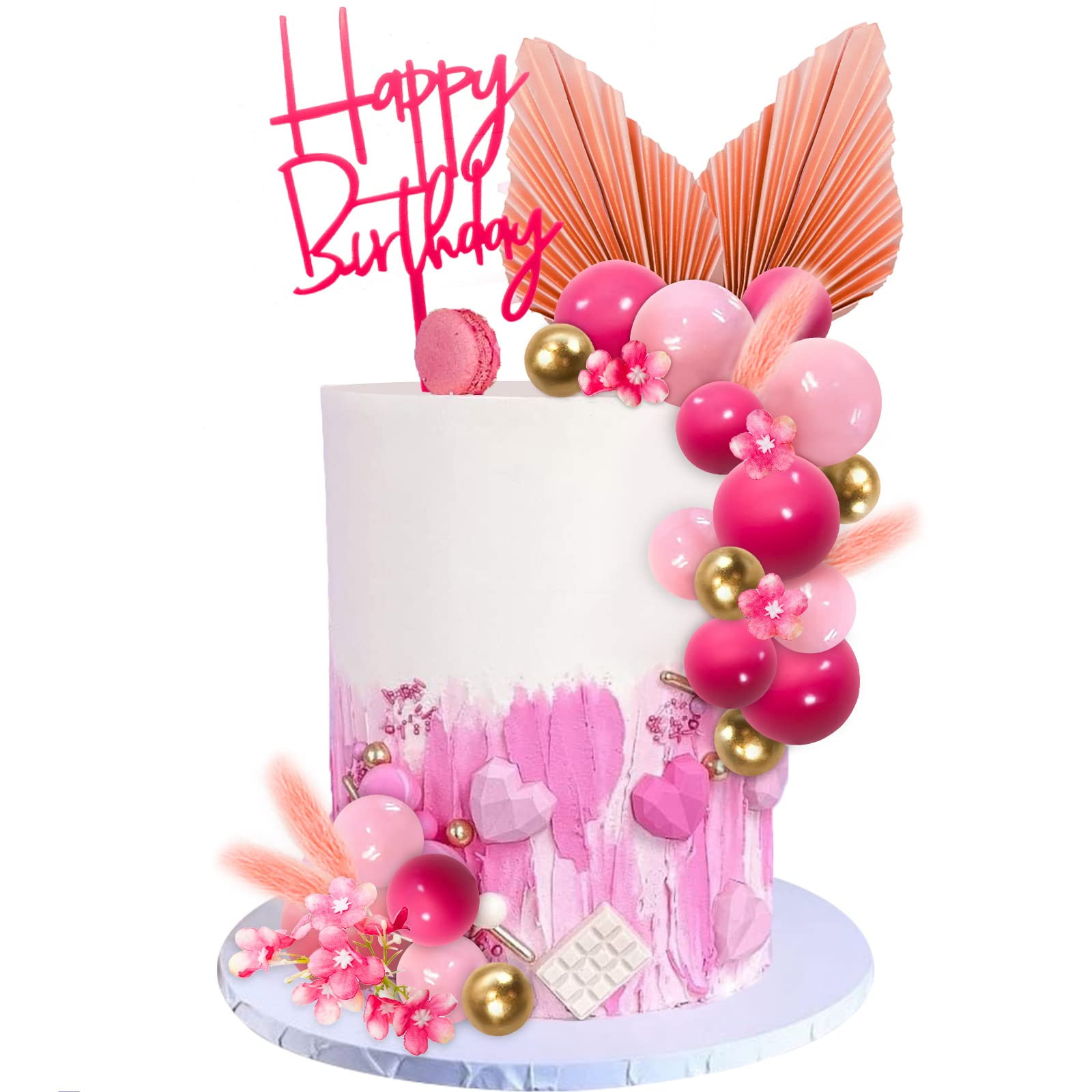 MEMOVAN 29pcs Flower Boho Cake Topper Ball Cake Decorations Hot Pink Gold Balls Palm Leaves Artif... | Amazon (US)