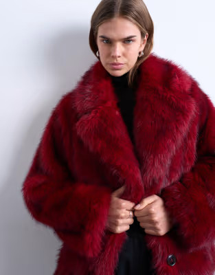 Topshop faux fur short jacket with buttons in cherry red | ASOS | ASOS (Global)