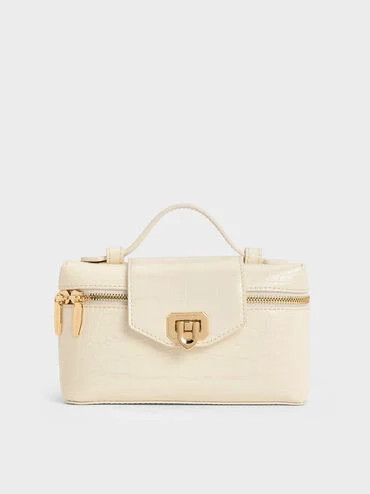 Cream Arwen Croc-Effect Top Handle Vanity Bag | CHARLES & KEITH UK | Charles & Keith UK