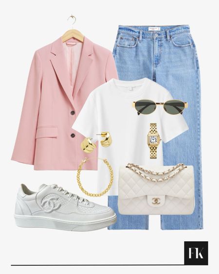 Perfect in Pink, pink blazer styled with blue jeans and white tee, white Chanel accessories trainers and flap bag, gold jewellery and Cartier watch

#LTKSeasonal #LTKstyletip #LTKitbag