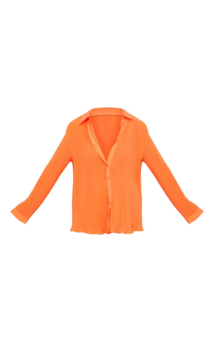Bright Orange Plisse Button Front Oversized Shirt | PrettyLittleThing US