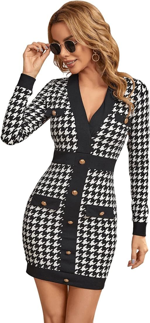 SweatyRocks Women's Long Sleeve V Neck Dress Houndstooth Button Front Bodycon Mini Dresses | Amazon (US)