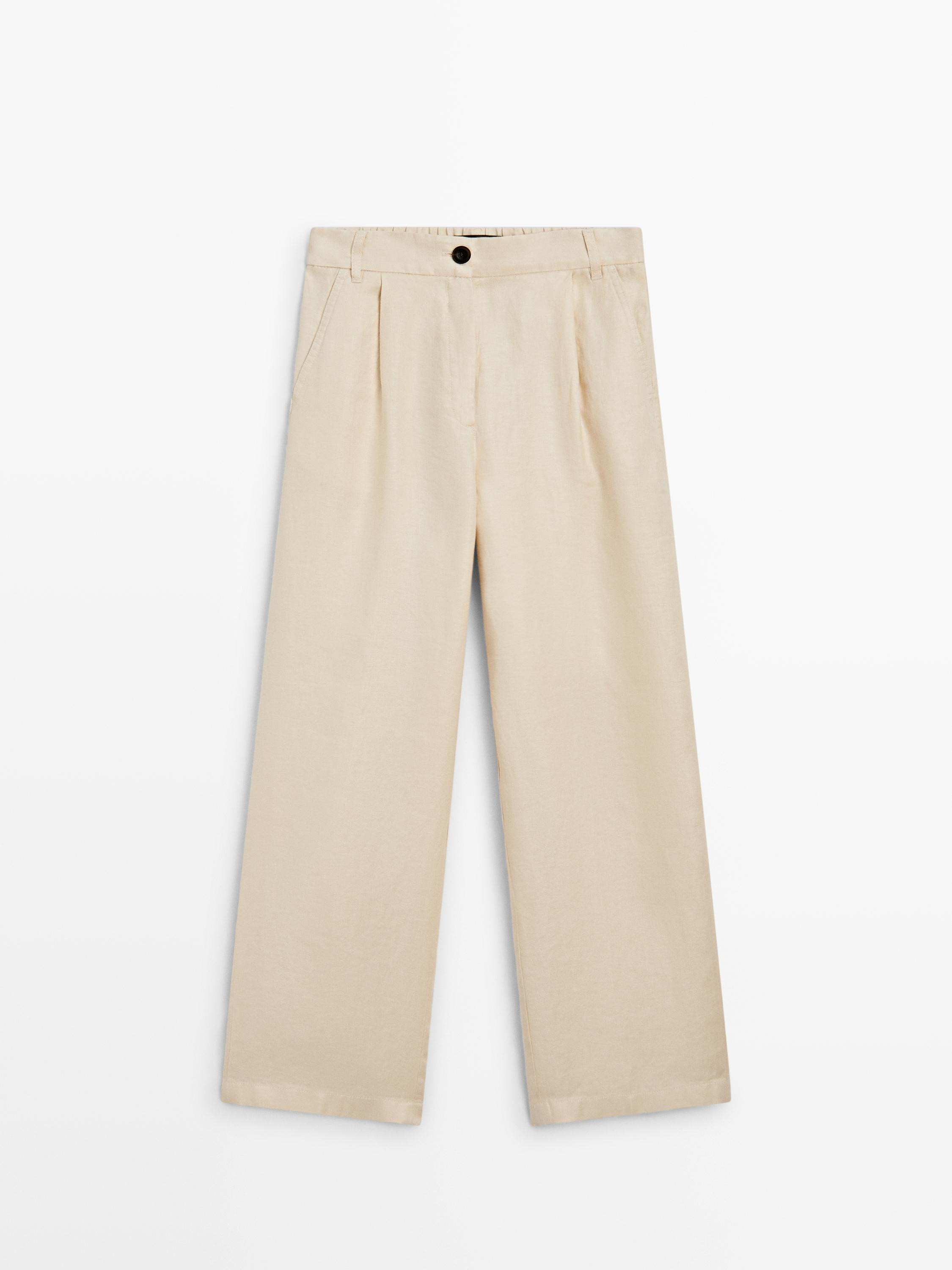 100% linen wide-leg elasticated trousers · Off White, Pale Green, Sand, Orange, Black, Granada ... | Massimo Dutti US