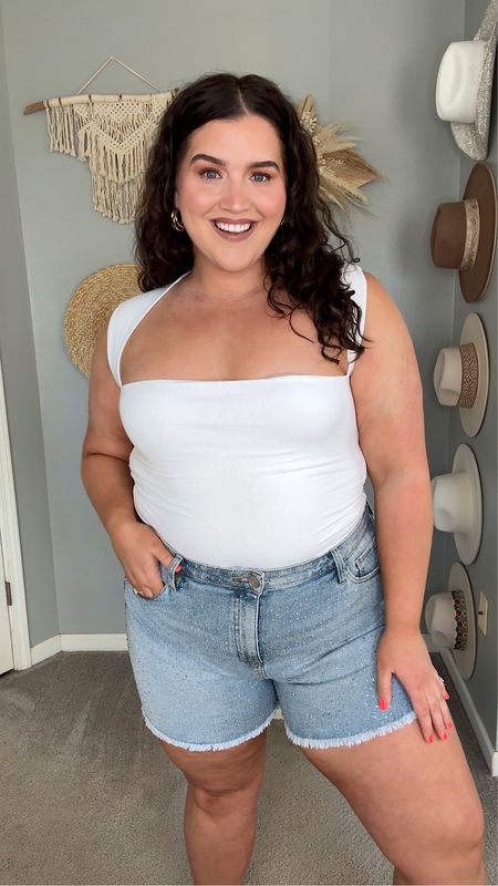 Casual summer outfit 🐚🌊✨ 
Basic white top, curvy denim rhinestone shorts (exact sold out, linking other options) 
XL // 16 

#LTKPlusSize #LTKStyleTip #LTKMidsize