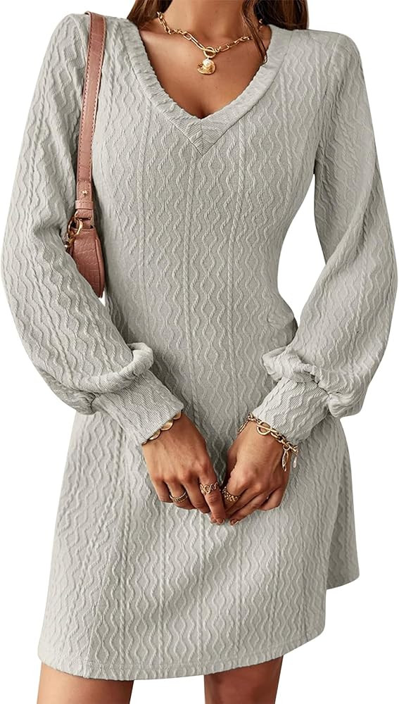 ABYOXI Women Sweater Dresses V Neck Long Sleeve Knit Short Fitted A-Line Pullover Sweater Mini Dr... | Amazon (US)