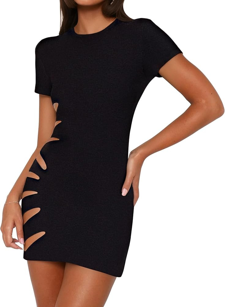 SHESEEWORLD Women's Hollow Out Bodycon Mini Dress Sexy Short Sleeve Crew Neck Cut Out Cocktail Cl... | Amazon (US)