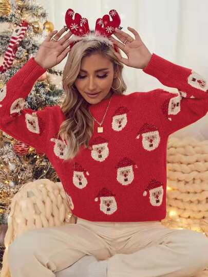 Christmas Santa Pattern Drop Shoulder Sweater | SHEIN