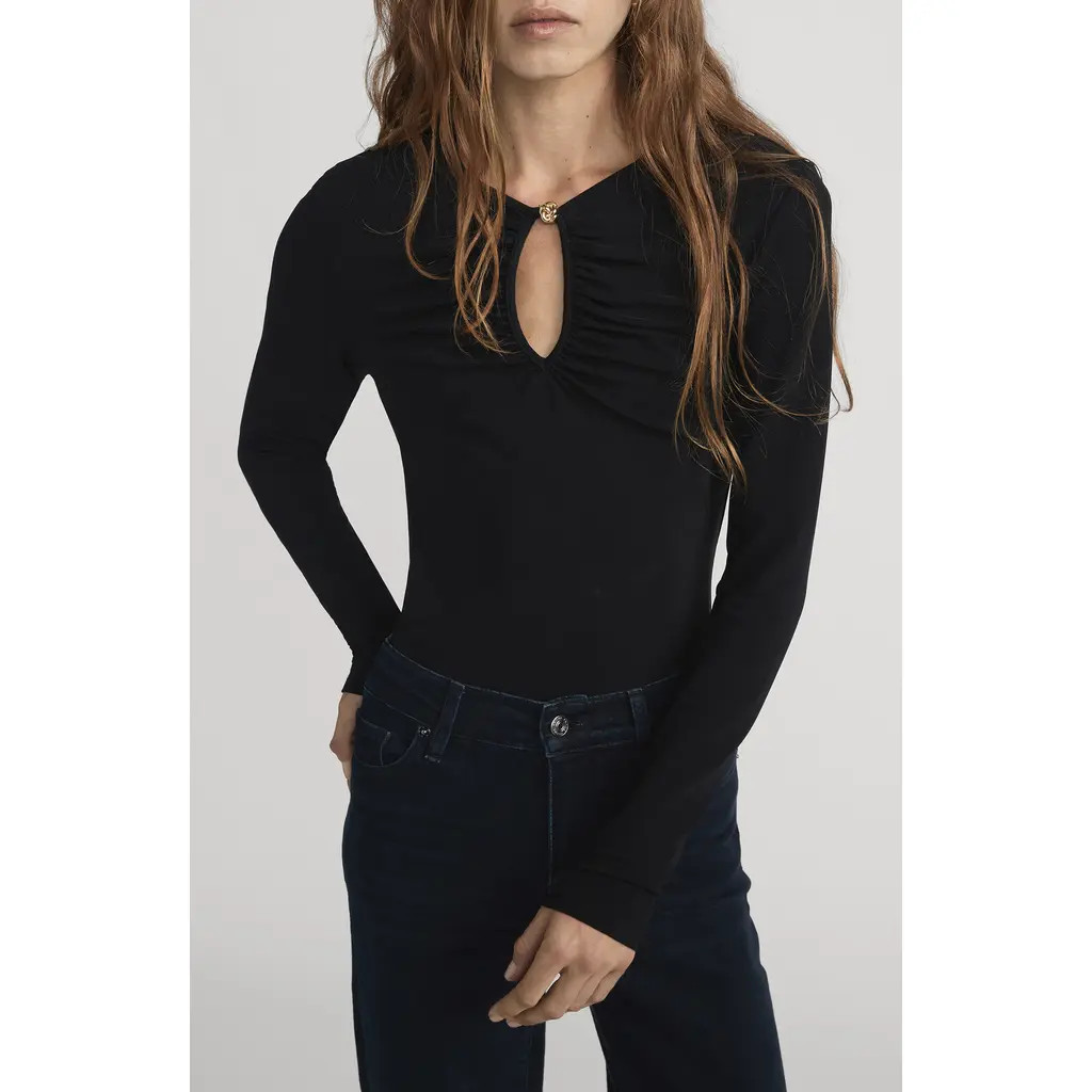 FRAME The Keyhole Long Sleeve Top in Black at Nordstrom, Size Small | Nordstrom