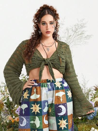 Fairycore Plus Tie Front Pointelle Knit Cardigan | SHEIN