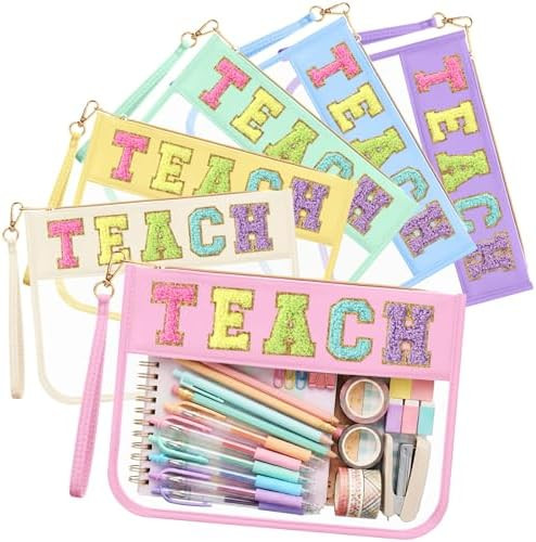 Kacctyen 6 Pcs Teach Bags Chenille Letter Clear Makeup Bag with Zipper Teacher Appreciation Gifts... | Amazon (US)