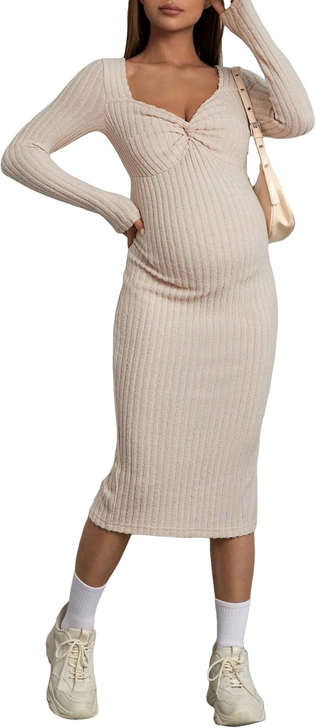 Verdusa Women's Maternity Twist Long Sleeve V Neck Split Pregnancy Tank Bodycon Dress | Amazon (US)