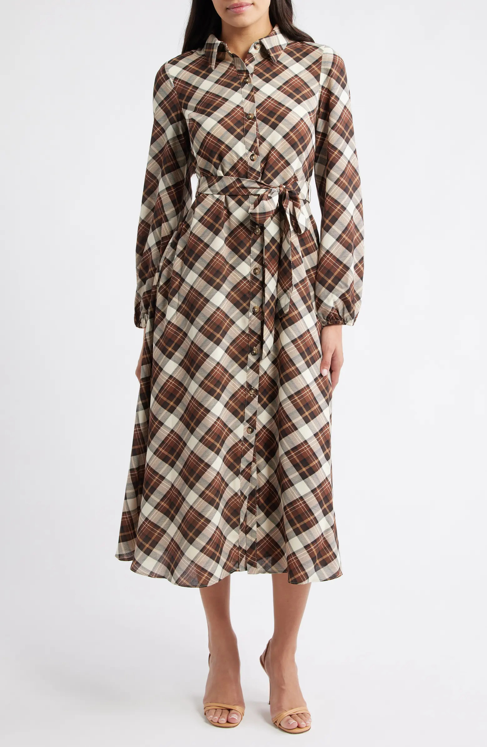 Julia Jordan Plaid Tie Waist Long Sleeve Midi Dress | Nordstrom | Nordstrom
