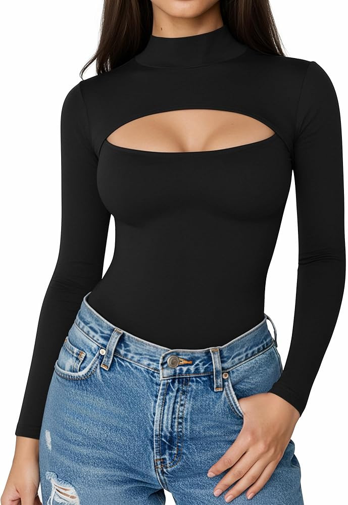 ALGALAROUND Short Long Sleeve Shirts for Women Basic Mock Turtle Neck Cut Out Tops Going Out T-Sh... | Amazon (US)