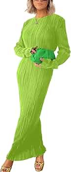 Annystore Women's Long Sleeve Loose Dress Pleated Crew Neck Slim Bodycon Plain Casual Maxi Dresse... | Amazon (US)