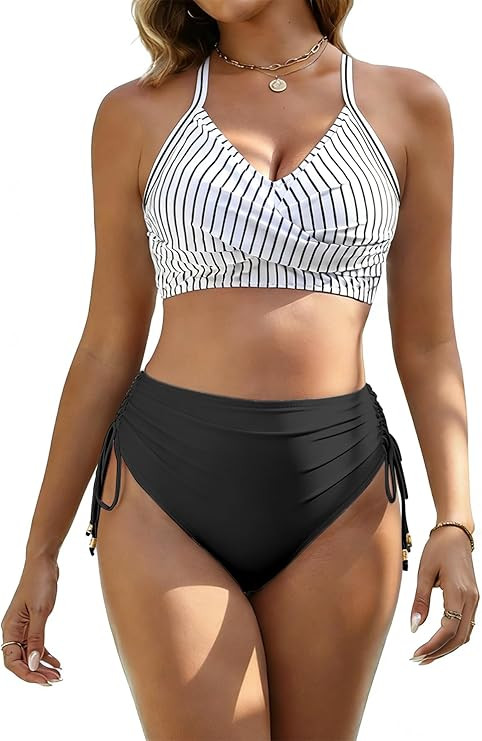 Womens High Waisted Bikini Sets Tummy Control Drawstring Swimwear Bathing Suit Crisscross Tie Bac... | Amazon (US)