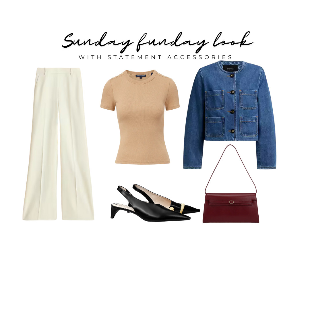 denim jacket, round collar jacket, buttoned jacket, burgundy bag, white pants outfit, black slingbacks
 

 #LTKItBag